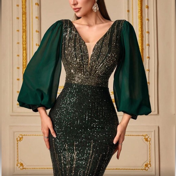 Luxe green lantern sleeve sequins party formal evening prom maxi dress - Picture 6 of 6